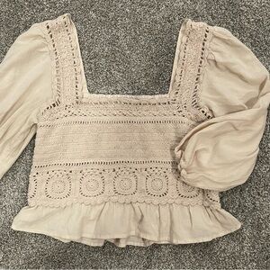 American Eagle Cream Crochet and Linen Cropped Blouse